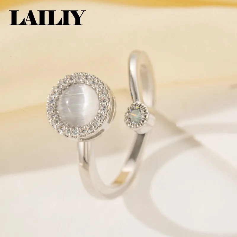 LAILIY 925 Sterling Silver 18K Gold New Birthday Gift Diamond Set Rotating Cat's Eye Adjustable Ring for Women Fashion Jewelry