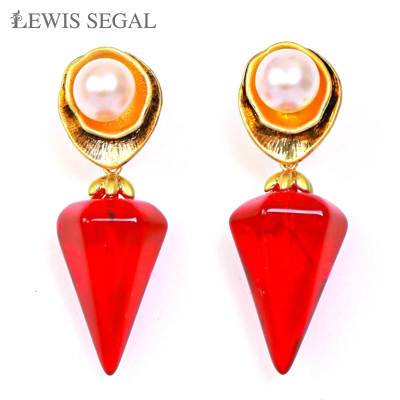 

LEWIS SEGAL Vintage Red Tapered Glaze Stud Earrings For Women Independent Girl Medieval Style Fine Jewelry 18K Real Gold Plated