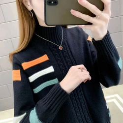 Autumn Winter Women Sweater Pullovers 2023 New Patchwork Half High Collar Knitted Sweater Jumper Casual Female Bottoming Tops