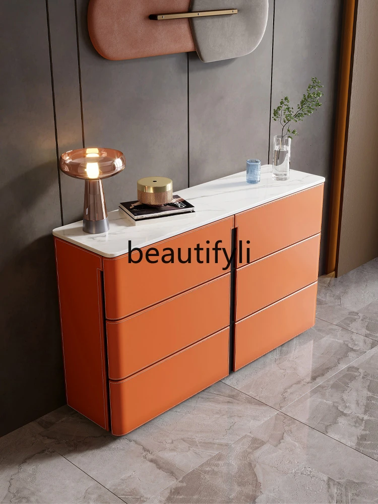 Saddle leather secret cabinet, living room bucket cabinet against the wall high cabinet, bedroom light luxury rock slab locker