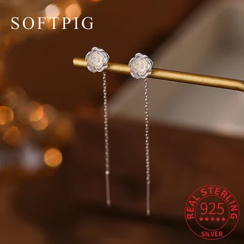 Softpig real 925 prata esterlina ilusória branco rosa flor curto earline brincos para mulheres bonito planta jóias finas