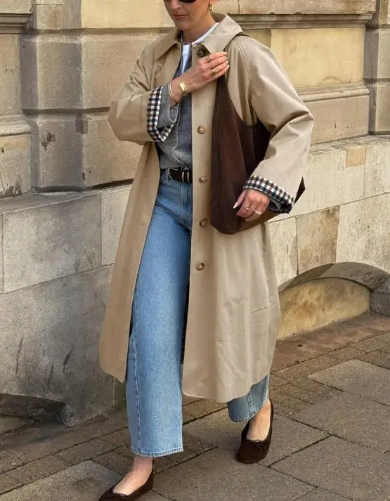 

Women's Coat 2025 New Casual Commuter Wind Coat Extended Checkered Splicing Collar Wind Coat Commuting Retro Elegant Coat