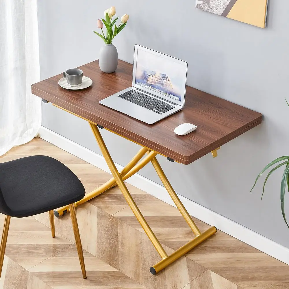 โต๊ะกาแฟแบบยกได้ทันสมัย ลายไม้วอลนัท หน้าโต๊ะ MDF ขาโลหะสีทอง ปรับความสูงได้ โต๊ะอเนกประสงค์