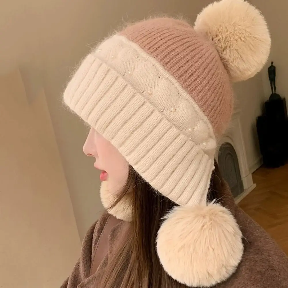 

Sweet Solid Color Woolen Knitted Cap Knitted Windproof Beanie Hat Cold-proof Ball Ear Protection Hat Winter
