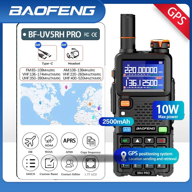 Baofeng UV-5RH PRO Walkie Talkie GPS Multi Band AM FM Type-C Wirless Copy Frequency Ham Two Way Long Range