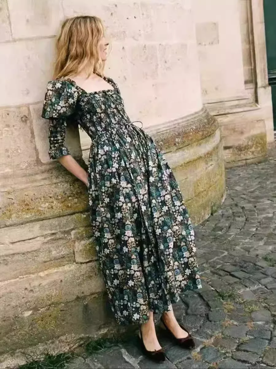Robe longue à imprimé floral pour femmes, col carré, taille élastique, Vintage, pour dames