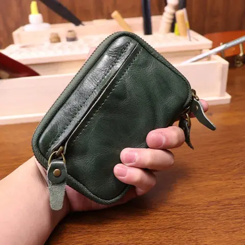 남녀공용 천연 가죽 열쇠 지갑, 짧은 빈티지 수제 지퍼, 자동차 열쇠 카드홀더, 동전 지갑 가방, 가정부 정리함, 2024