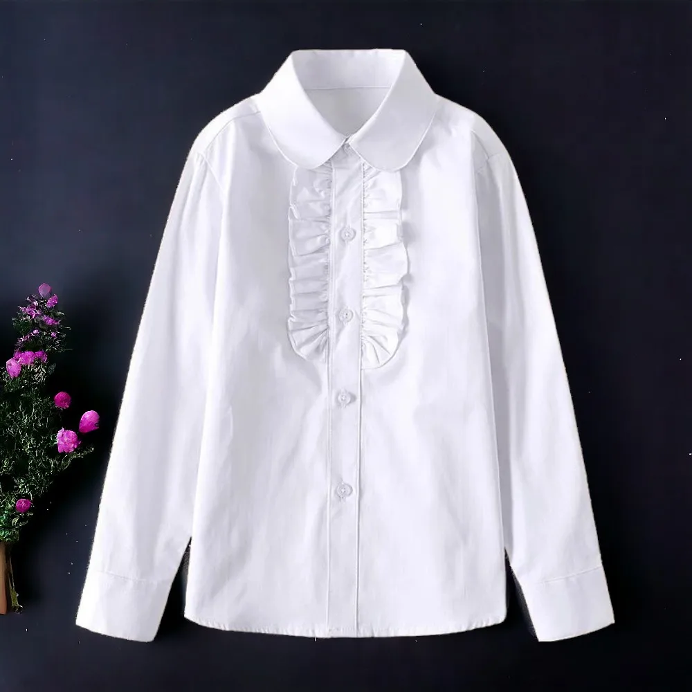 Kids Girls White Shirts for Students Uniform Long Sleeve Cotton Blouse Teenagers School Child Clothes 8 10 12 14 Years Vestidos