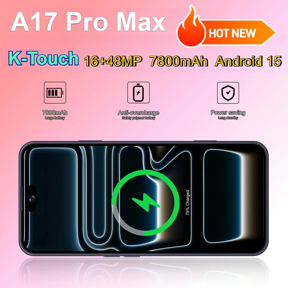 Smartphone K-Touch per A17 Pro Max 5G, telefono cellulare dual SIM, 22G+2TB, schermo da 7,3 pollici, sblocco tramite Face ID, batteria da 7800 mAh, fotocamera da 16+48 MP.