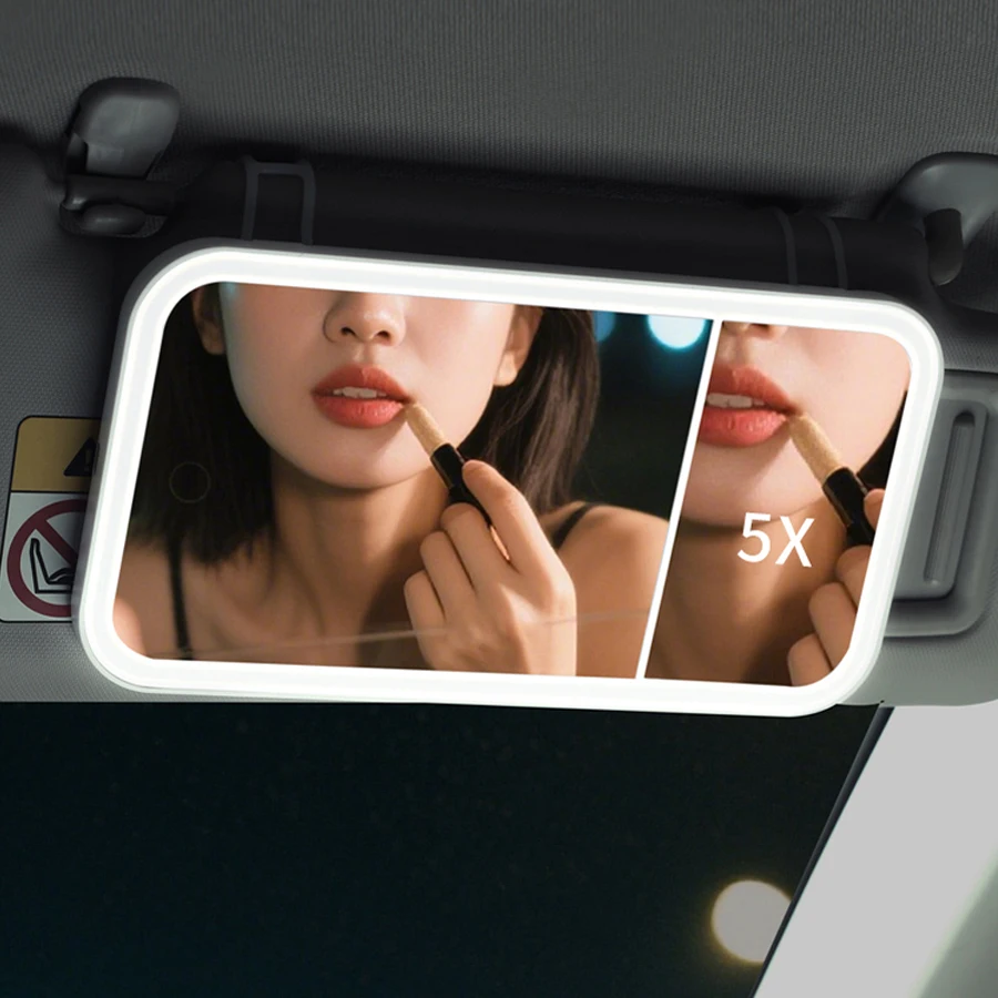 Miroir de maquillage de vanité de voiture avec lumières, miroir cosmétique LED à commande tactile à intensité variable avec grossissement 5X, 3 modes d'éclairage d'apparence