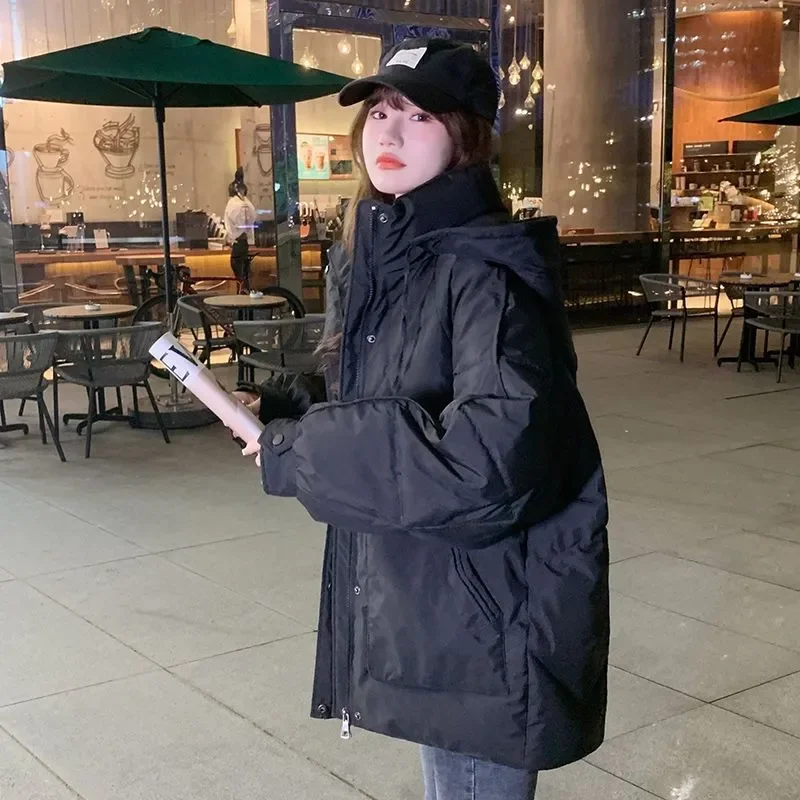 

Solid Color Hooded Zipper Pocket Cardigan Short Down Cotton Coat Women Korean Loose Jacket Top