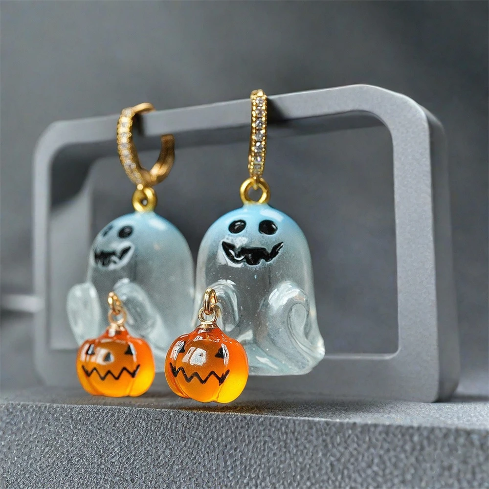 Fashion Halloween Ghost Drop Stud Earrings Women Girl Cute Punk Pumpkin Stainless Steel Jewelry Crystal Hook Dangle Party Gifts