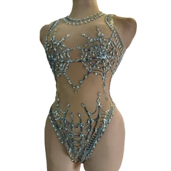 Sparkly Silver Sequins Rhinestones Bodysuit Women Sexy Mesh Transparent Sleeveless Performance Dance Costume Club Stage Wear