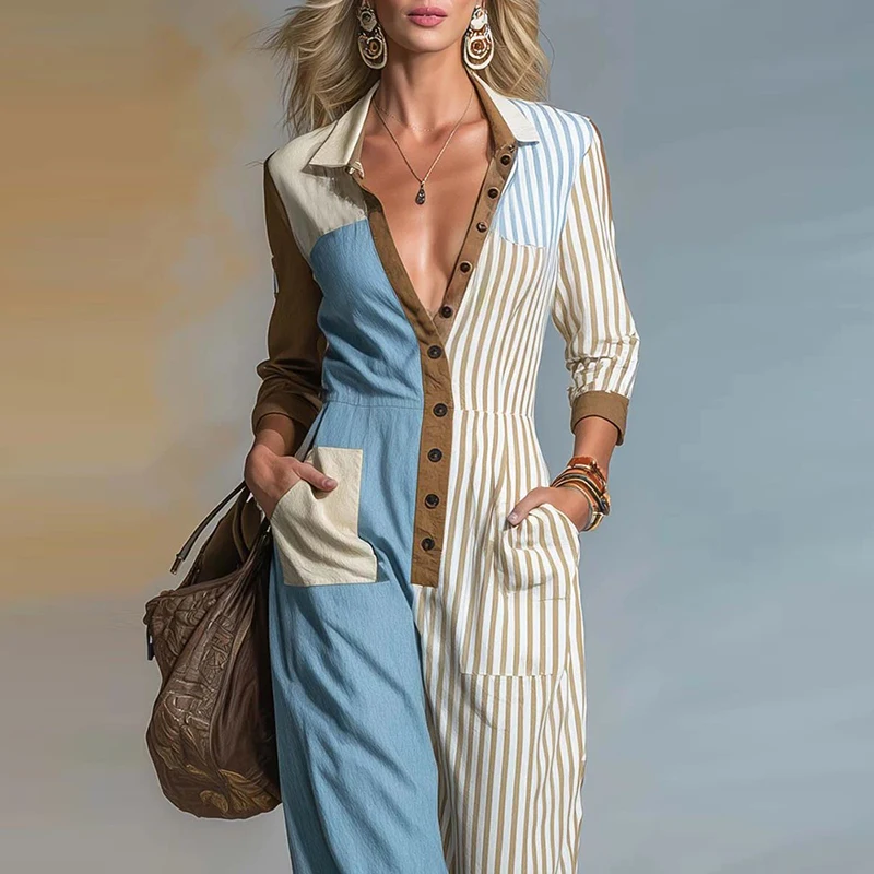 Trendy Lapel Long Sleeved Pocket Romper Casual Stripe Contrasting Splice Office Playsuit Unique Single Breaste Wide Leg Jumpsuit view 3