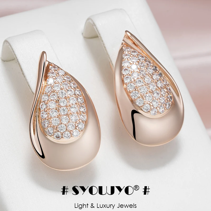 SYOUJYO Natural Zircon Full Paved Drop Earrings For Women Glossy 585 Gold Color Big Size Fine Jewelry Accessories Gift