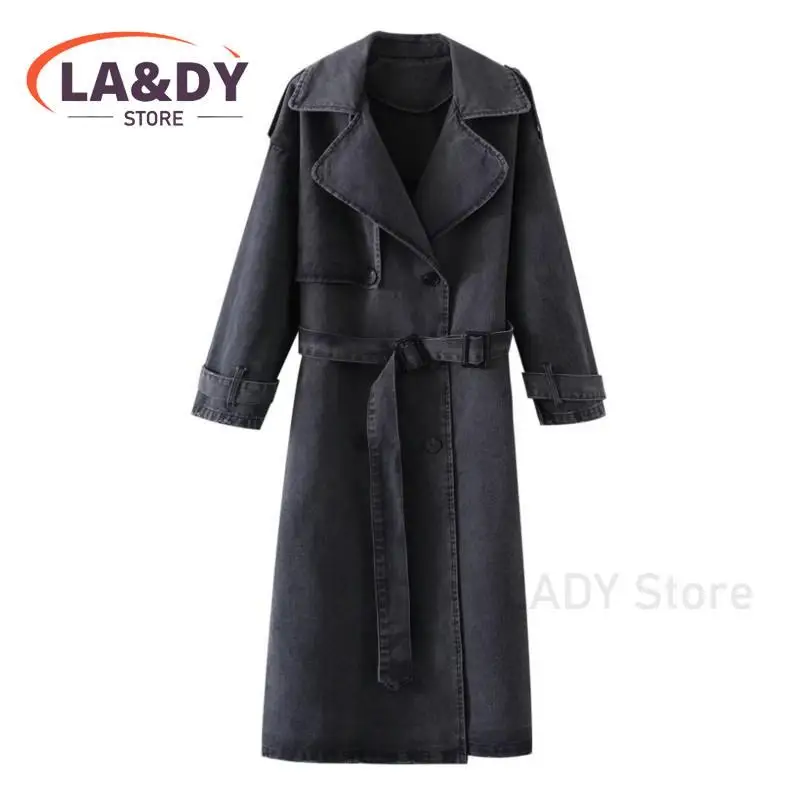 Denim Trench Coat Women New Fashion Loose Vintage Double Breasted Female Solid Color Casual Long Sleeves With Belt Outerwears