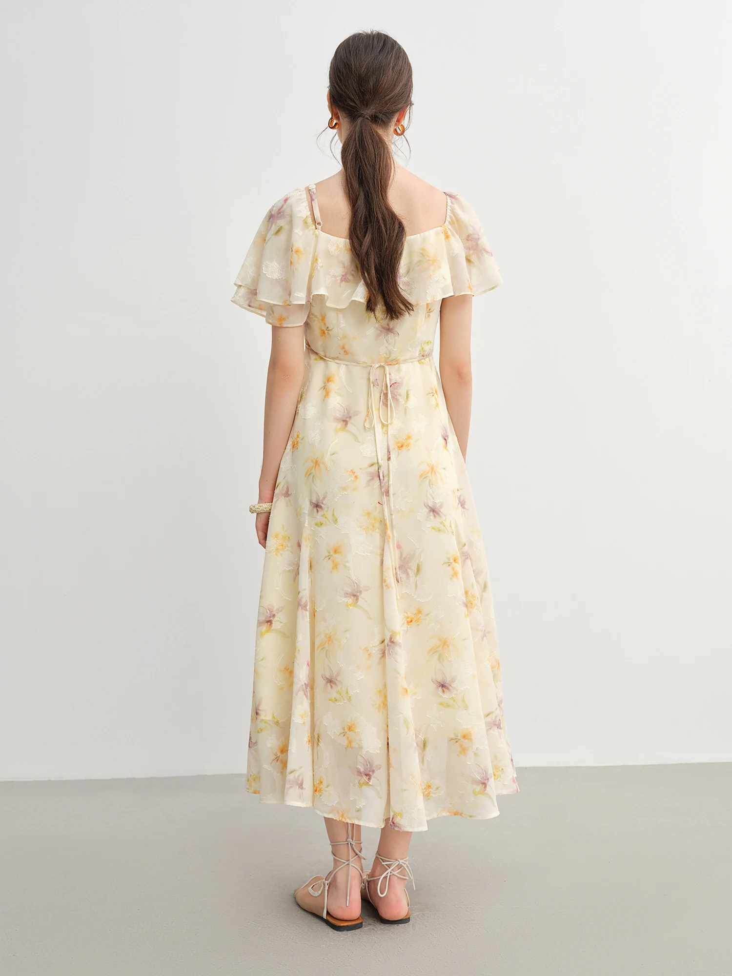 ​ DUSHU Sommer 2025, bedrucktes Kleid – fließender Rüschensaum, botanisches Midi-Maxi-Resort zum Büro ​