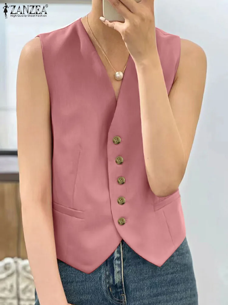 ZANZEA Elegant Ladies Office OL Shirt Women Summer Blouse Fashion V Neck Sleeveless Blazer Vest Casual Solid Buttons Down Tops