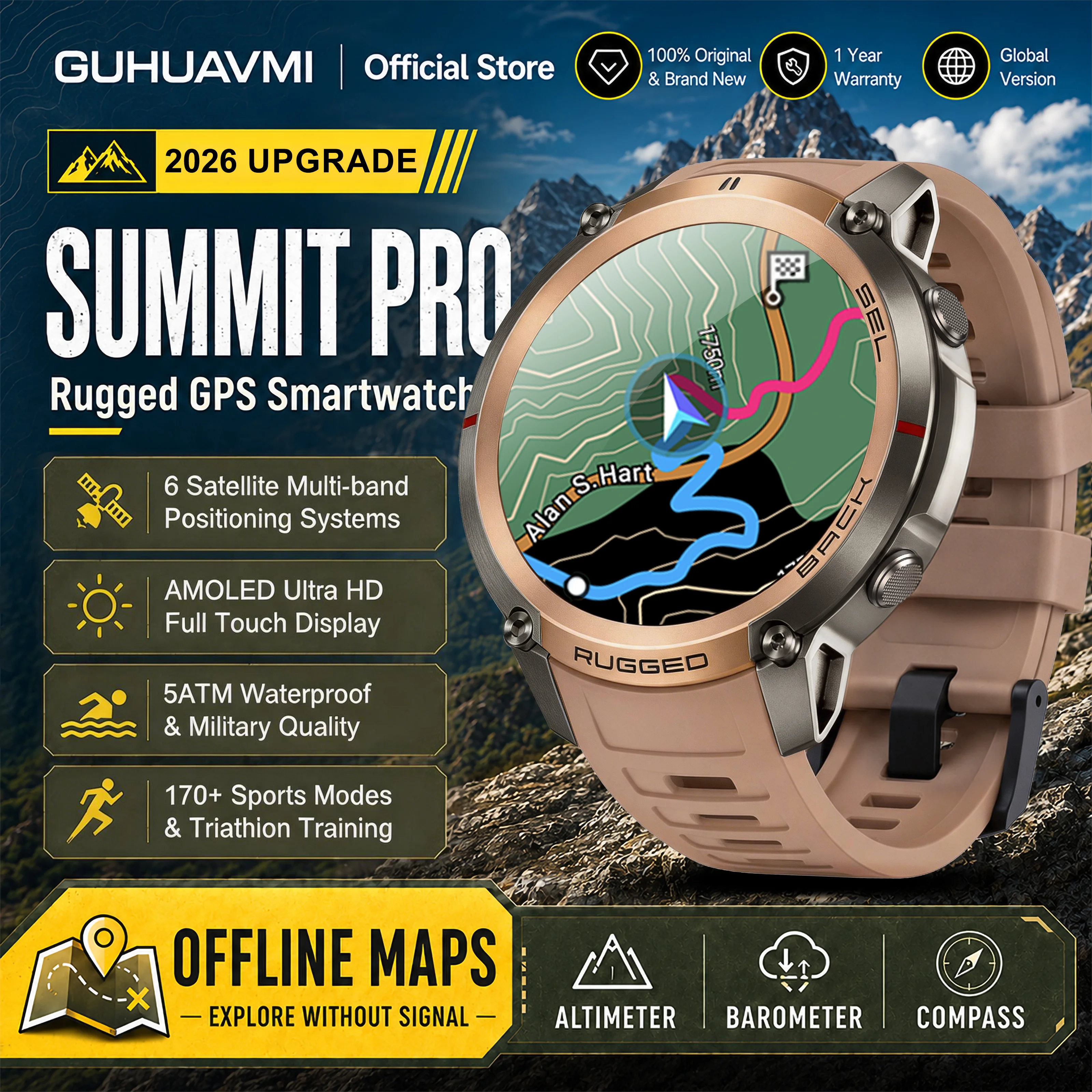 2026 Militärische Satelliten-Offline-Karten-GPS-Smartwatch für Herren 1,43'' AMOLED Bluetooth-Anruf Kompass 5ATM Wasserdicht 170+ Sportarten Smartwatch