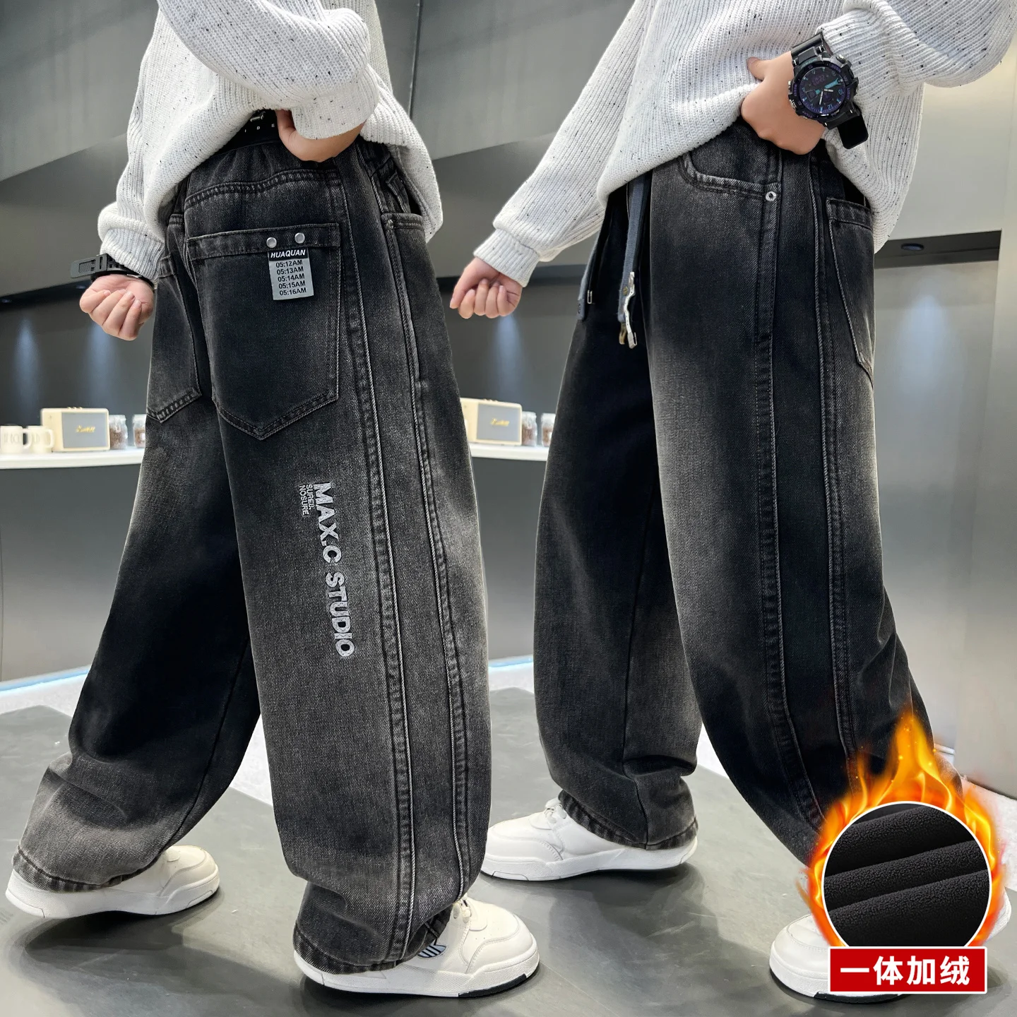 

Teen Children's Insulated Fleece Loose Denim Pants Boys Jeans Solid Black Trousers Kid Autumn Winter Gradient Trousers Age 4-14Y