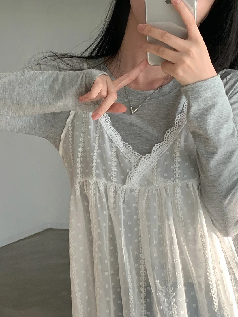 Lace Midi Summer New Style Women's Dress Casual Loose V-Neck Long Sleeve Transparent Overalls Fairy Tale Style Casual Wear