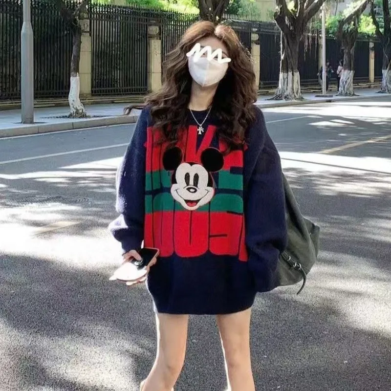 

Женский осенне-зимний свитер с милым мультяшным Микки Диснея, модный нишевый утепленный теплый вязаный пуловер, повседневный универсальный топ