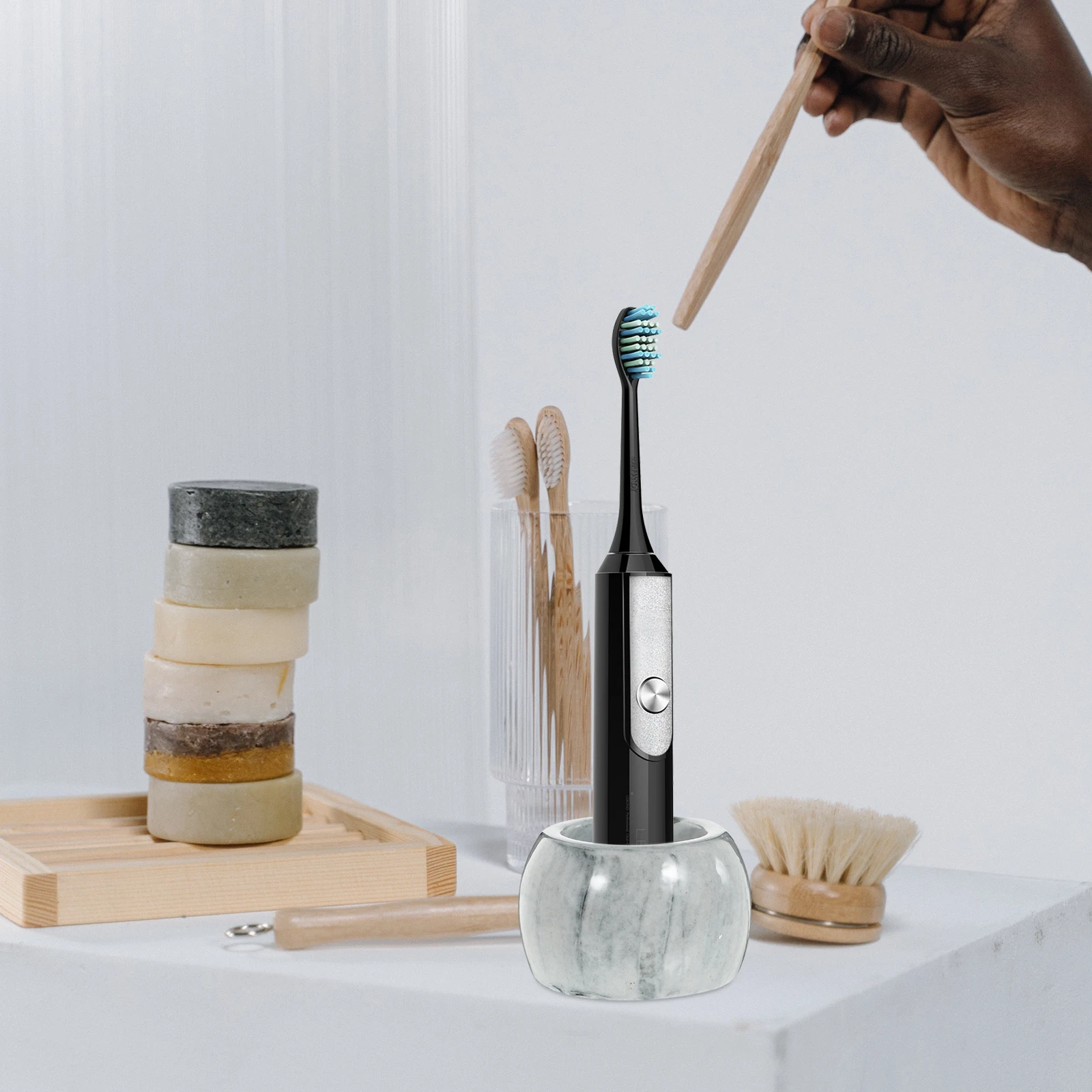 

2Pcs Ceramic Electric Toothbrush Holder Marble Pattern Toothbrush Rack Waterproof Storage Stand Household Bathroom Organizer