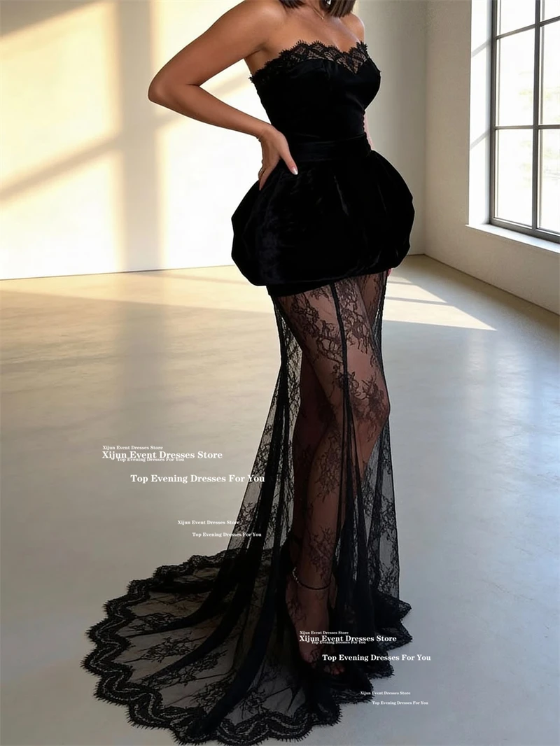Xijun Sexy Black Lace Evening Dresses A-Line Sleeveless Velvet Formal Prom Dresses Sweetheart Sweep Train Prom Gowns Customized