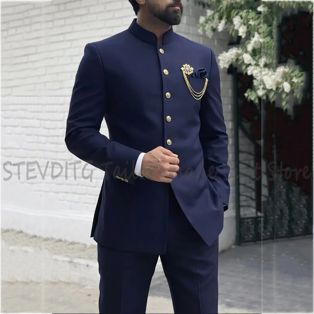 

New Arrival Handsome Men's Suit Slim Fit Classic Single Breasted Stand Collar Jacket Pants Formal Party Business Casual Outfit