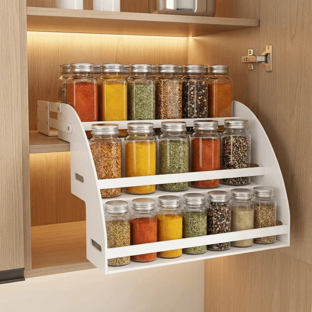 Stainless Steel 3-Tier Pull Down Spice Rack Retractable Anti Deformation Pull Down Spice Rack Strong Load-bearing Space Saving