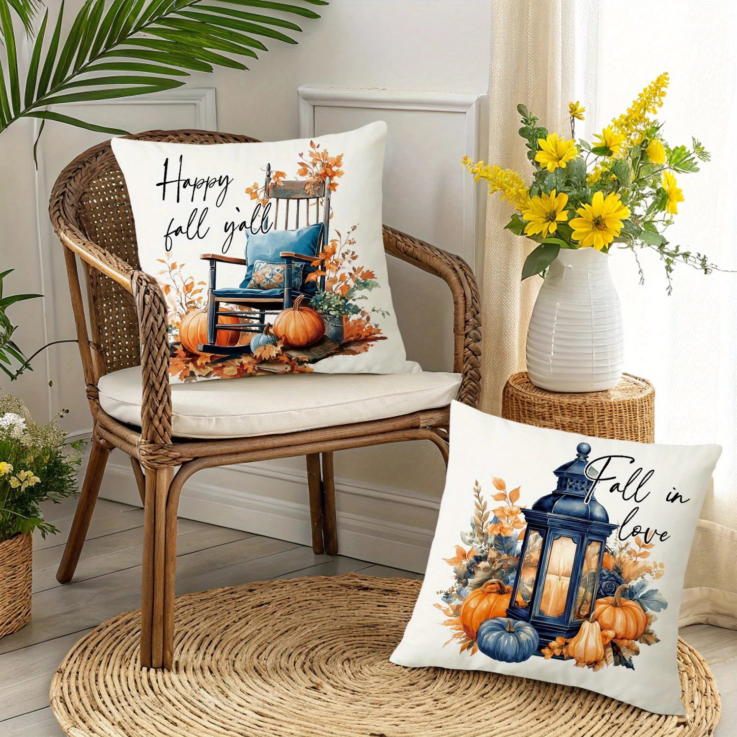 [4pcs Cozy Autumn Pillow Covers] 4pcs Cozy Autumn Plush Polyester Throw Pillow Covers, 18x18 Inch, Navy Blue & Orange with Zippe