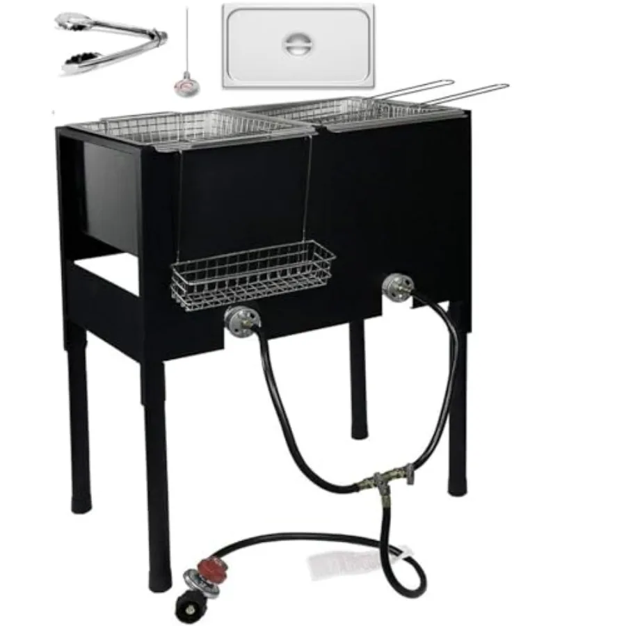 

Уличная трехсекционная фритюрница на пропане с 3 корзинами из нержавеющей стали для рыбы, курицы, индейки — высокая, сверхпрочная фритюрница на тележке, черная