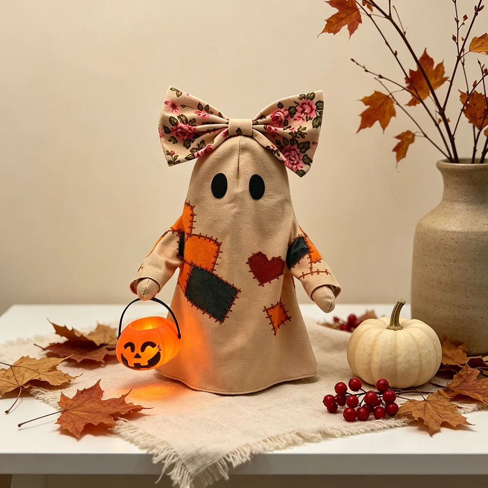 Lighted-Vintage Patchworks Ghosts for Halloween Decor Lights Up Ghosts with Pumpkins Lantern Ghosts Lamp for Mantel Shelf