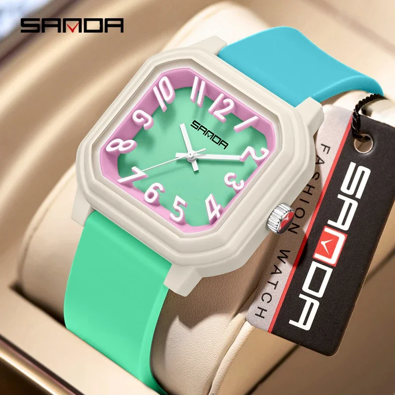 SANDA Brand Fashion Square Simple Watches Waterproof Lady Quartz Wristwatch Silicone Strap Woman Teenagers Student Analog Watch