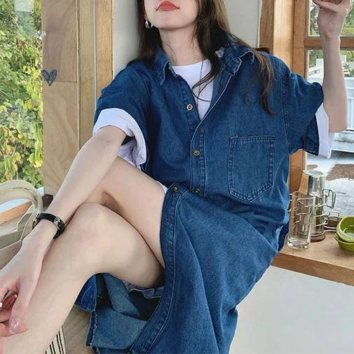 Vestido jeans simples e solto feminino, estilo coreano, manga curta, vestidos de camisa jean grandes, peito único, vestido feminino reto