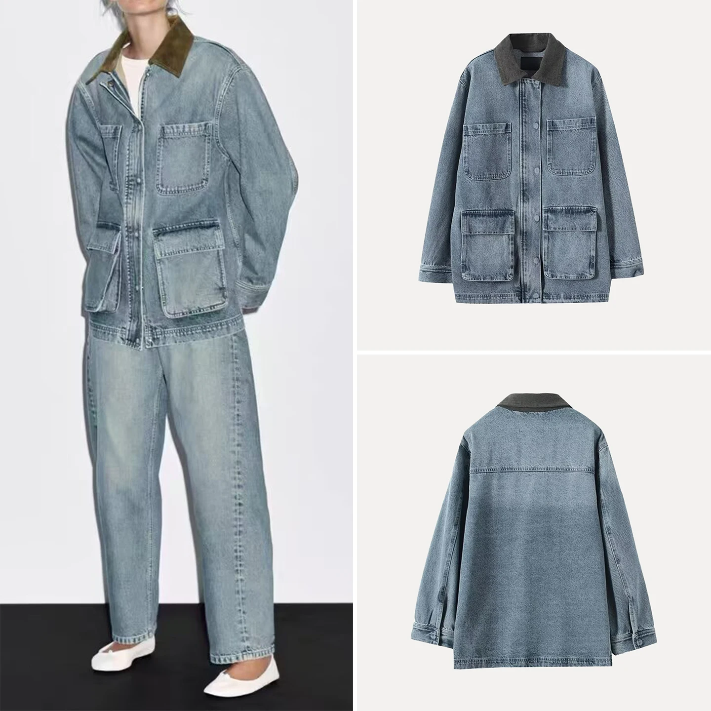 

Women's Workwear Sle Denim Jaet Stand Collar Long Sve Stand Fit ort Outerwear Z Brand Autumn New Arrival