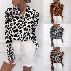 Chiffon Blouse Long Sleeve Sexy Leopard Print Blouse Turn Down Collar Lady Office Shirt Tunic Casual Loose Tops Oversized