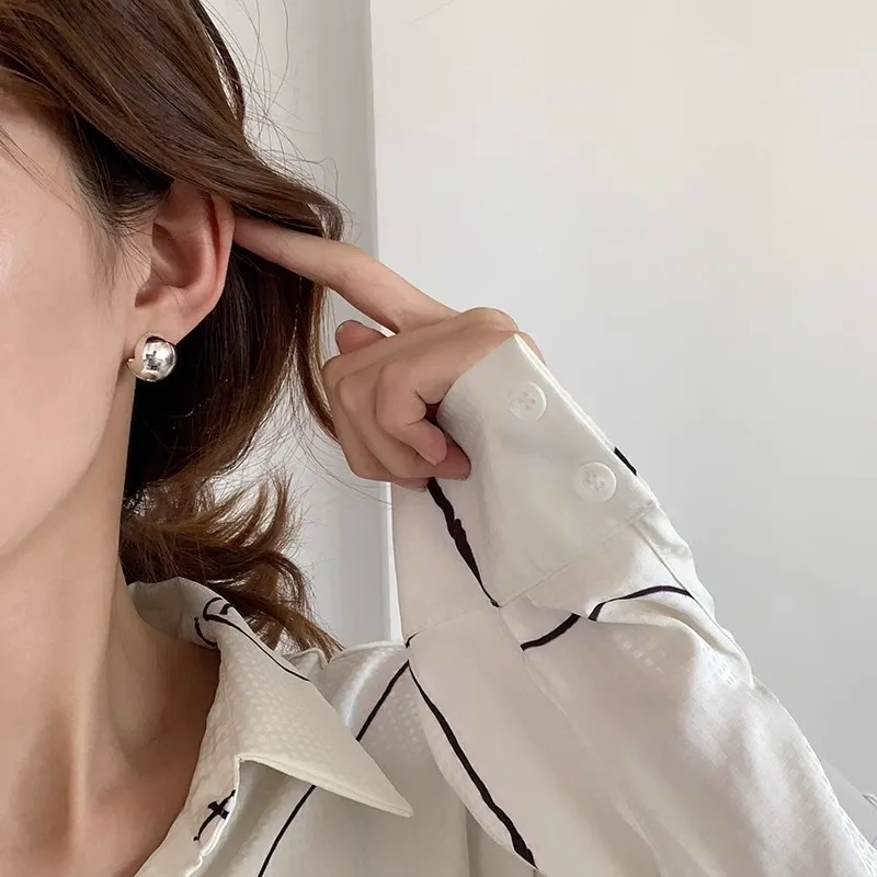 925 Sterling Silver Round Ball Simple Stud Earrings For Woman Vintage Earrings Luxury Jewelry Prevent Allergies Argent 925