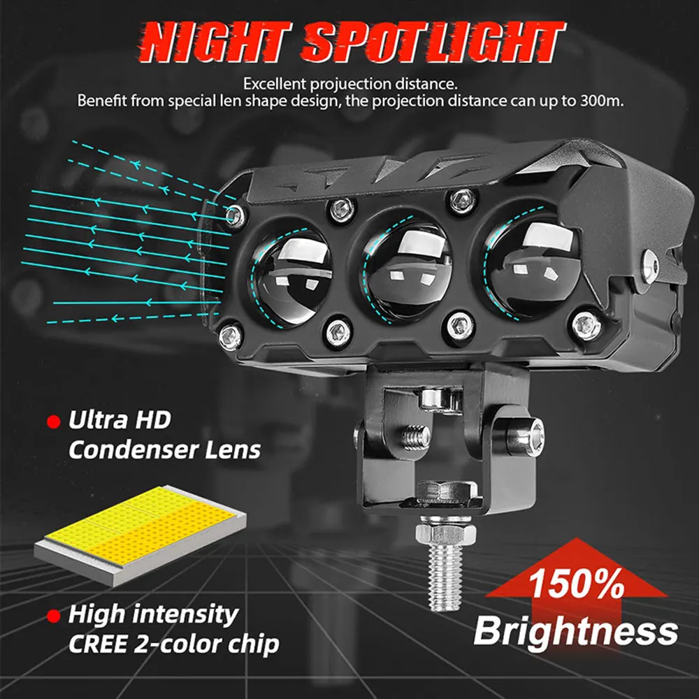 Motorcycle LED Spotlights Headlamp Car Headlight Bulbs Auto Lamp Projector Lens Dual Color Spot Fog Work Auxiliary Light 200W