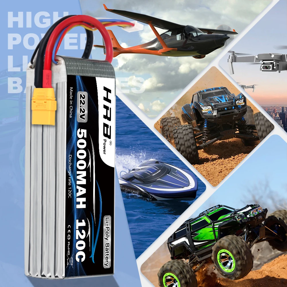 HRB 6S يبو بطارية 22.2 فولت 5000 مللي أمبير بطارية توصيل خارجي 120C مع موصل XT90 لسيارة RC الوحش 550E 700E RC هليكوبتر RC قارب