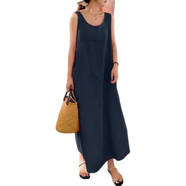 Summer Cotton Linen Suspender Dress Long Section Large Pocket Casual Loose Temperament Sleeveless Korean Women Simple Plus Size