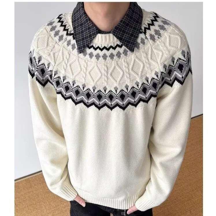 

American Retro Plaid Splicing Knitted Sweater Men's Autumn Winter Trendy Brand Haome High-End round Ne Cable Knitwear