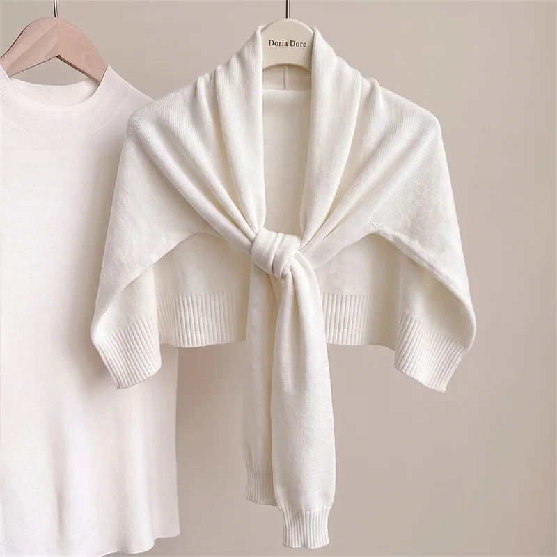 Women Breathable Knitted Shawl Solid Knotted Shoulder Wrap Fashion Knit Cape Simple Air Condition Shawl All Match Shoulder Scarf