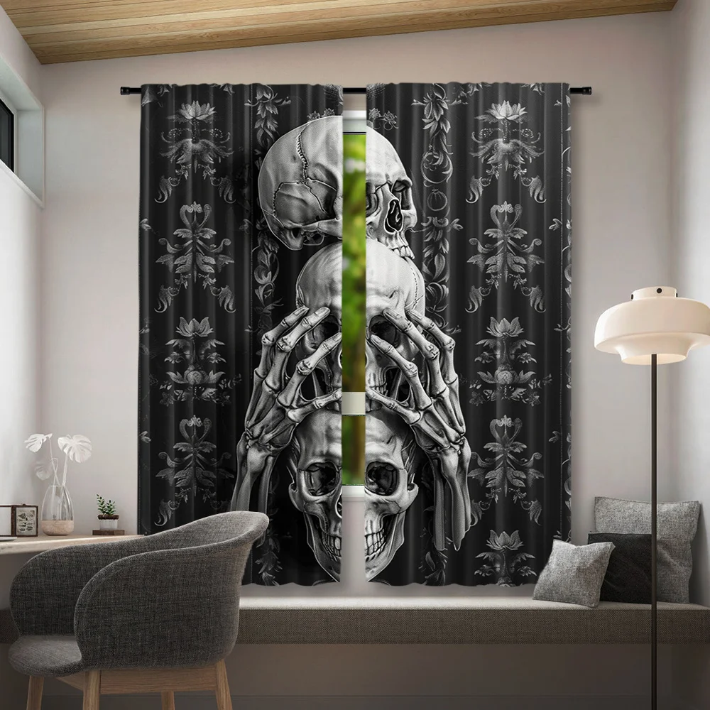 Gothic Skull Skeleton Hand Curtains 2 Panels,Vintage Floral Damask Monochrome Solid Black Background Dark Gothic Bedroom Curtain