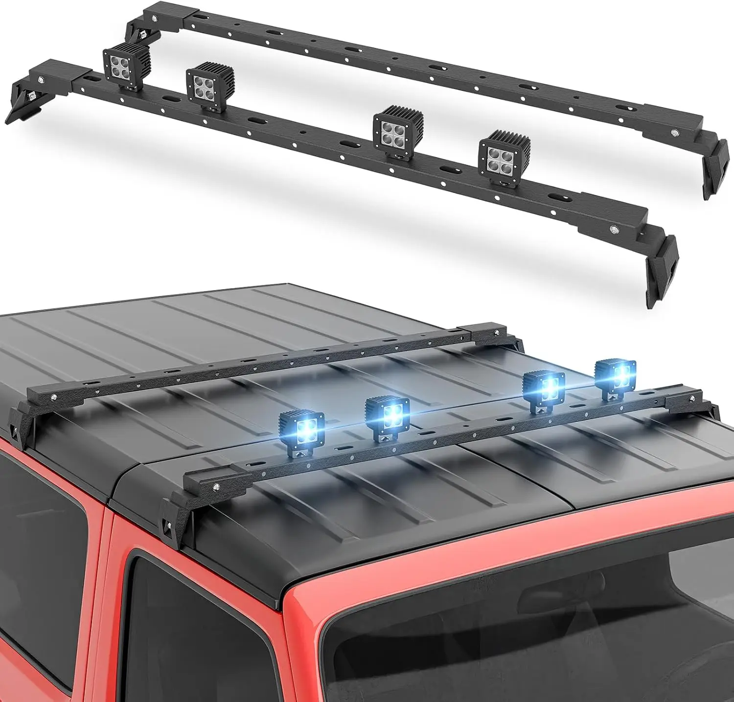 400 LBS Roof Rack Cross Bars with 4 Pcs LED Lights Bar Compatible for 2007-2026 Jeep Wrangler JK JKU JL JLU Unlimited & Gladiato