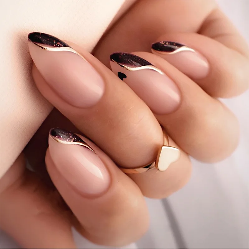 24 pièces ensembles de faux ongles courts en amande presse sur Simple jaune français ongles Art réutilisable poudre brillante fleur conception faux ongles conseils