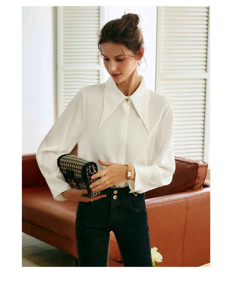 OLrain 여성 캐주얼 셔츠 2025 프랑스 솔리드 심플 포인티드 칼라 긴 소매 오피스 레이디 착용 의류 숙녀 O22CC59359