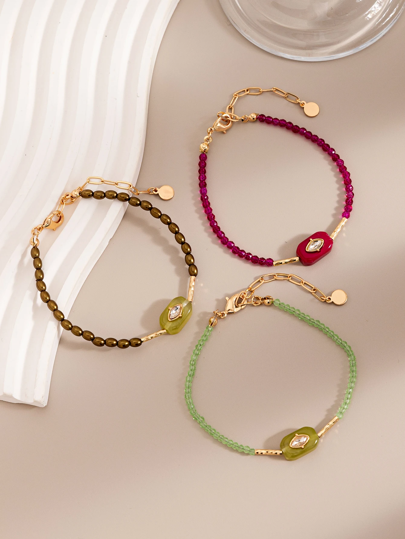 Kupfer-Kristall-Perlenarmband, rechteckiges Harz-Marquise-Zirkon-Charm-Armband, Boho-Stapelarmband für Damen – Detail 4