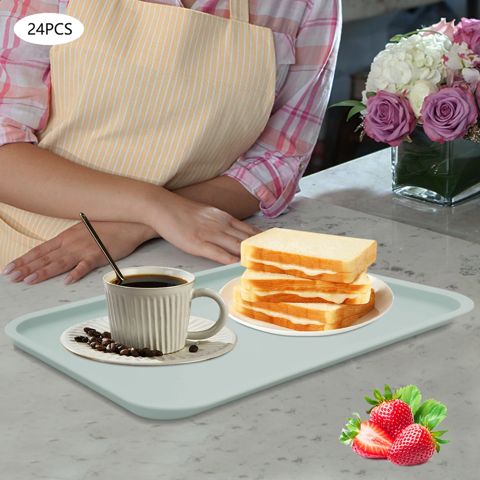 

24 Pcs Blue 14.17*10.63*0.79 Inches Stackable Design Trays with Raised Bottom for Fast Food Restaurants, Cafeterias, Kitchens