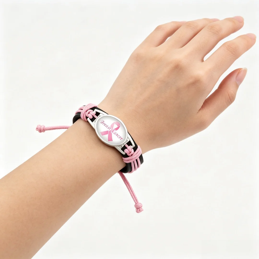 Breast Cancer Awareness Bracelet, handmade ribbon and leather wax rope woven bracelet, adjustable bracelet with drawstring pouch